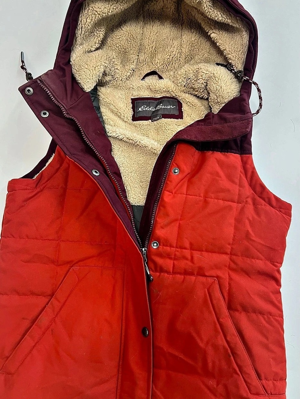 Eddie Bauer Color Block Hooded Vest in Red & Purple